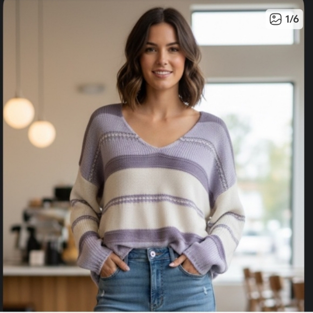 Sincerely Jules Striped Lavender and Cream Women's Sweater XL